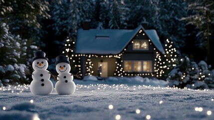 Obraz premium Cheerful snowmen enjoy their winter surroundings in a snowy landscape, while a warmly lit house adds to the festive atmosphere, ideal for a Christmas decoration.