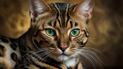 Bengal cat, its fur a mesmerizing blend of rich golds and blacks, The piercing emerald eyes 