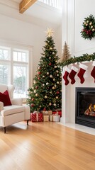 A warm and inviting living room features a beautifully decorated Christmas tree, stockings above the hearth, and a peaceful snowy forest visible through the window