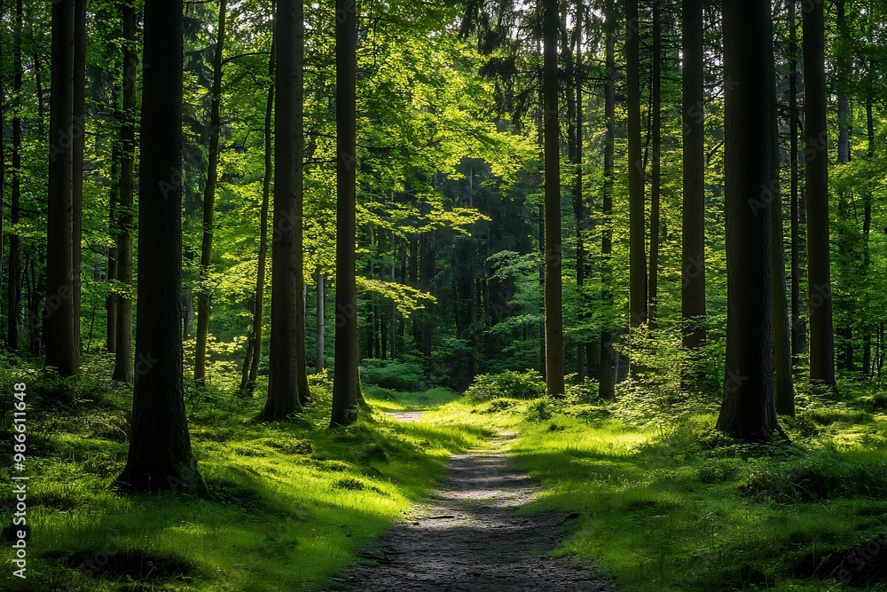 Poster sunlight through trees on a path in a lush green forest