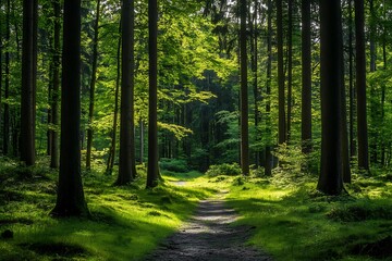 Obraz premium Sunlight through trees on a path in a lush green forest