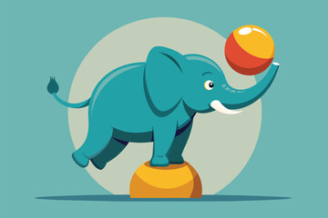 The elephant demonstrates impressive balance while focusing on the ball above during an entertaining act, An elephant balancing on a ball with a focused expression, in a flat illustration.