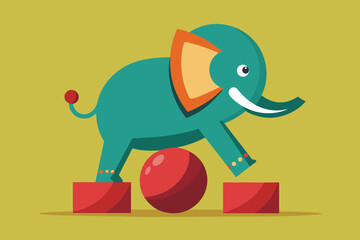 A playful elephant shows remarkable balance while carefully standing on a bright red ball, focused intently, An elephant balancing on a ball with a focused expression, in a flat illustration.