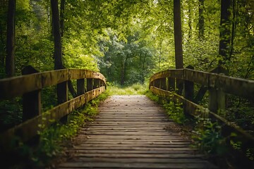 Fototapeta premium Wooden bridge leading into a lush green forest path, with sunbeams breaking through the leaves