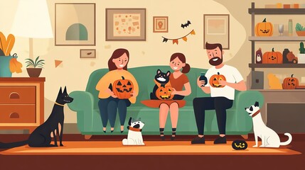 A family preparing their pets for Halloween, trying on different costumes and taking pictures for a fun, festive memory.