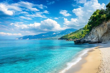 Fototapeta premium Scenic seascape with white sand beach, turquoise water, blue sky with fluffy clouds, and green cliffs.