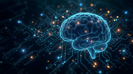 Futuristic digital brain with neural network on circuit board, Artificial General Intelligence