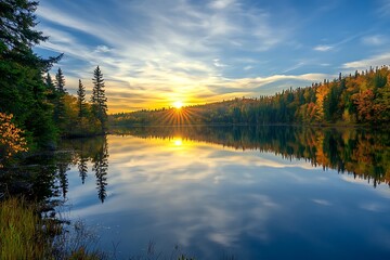 Scenic Sunset Over Calm Lake and Forested Hills with Golden Light and Reflection in Water