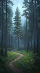 Obraz premium A winding dirt path meanders through a forest filled with tall trees. Bright light filters through the fog, creating a serene yet mysterious atmosphere