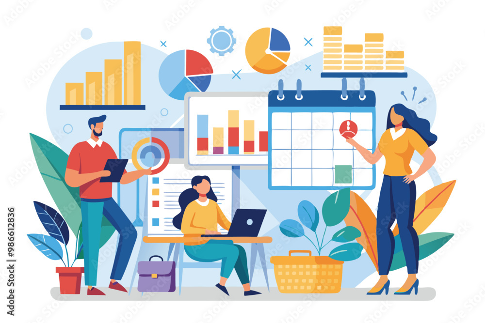 Aufkleber three analysts focus on monthly reports, using charts and a calendar to track deadlines in a modern 