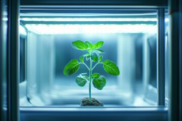 A Single Green Plant Growing Under Artificial Light in a Glass Enclosure