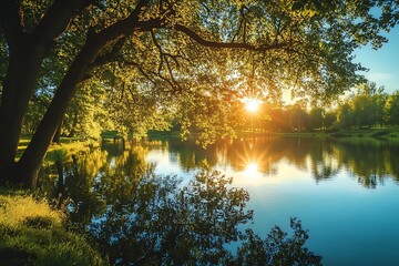 Obraz premium Golden sunset over serene lake with trees, peaceful nature scene