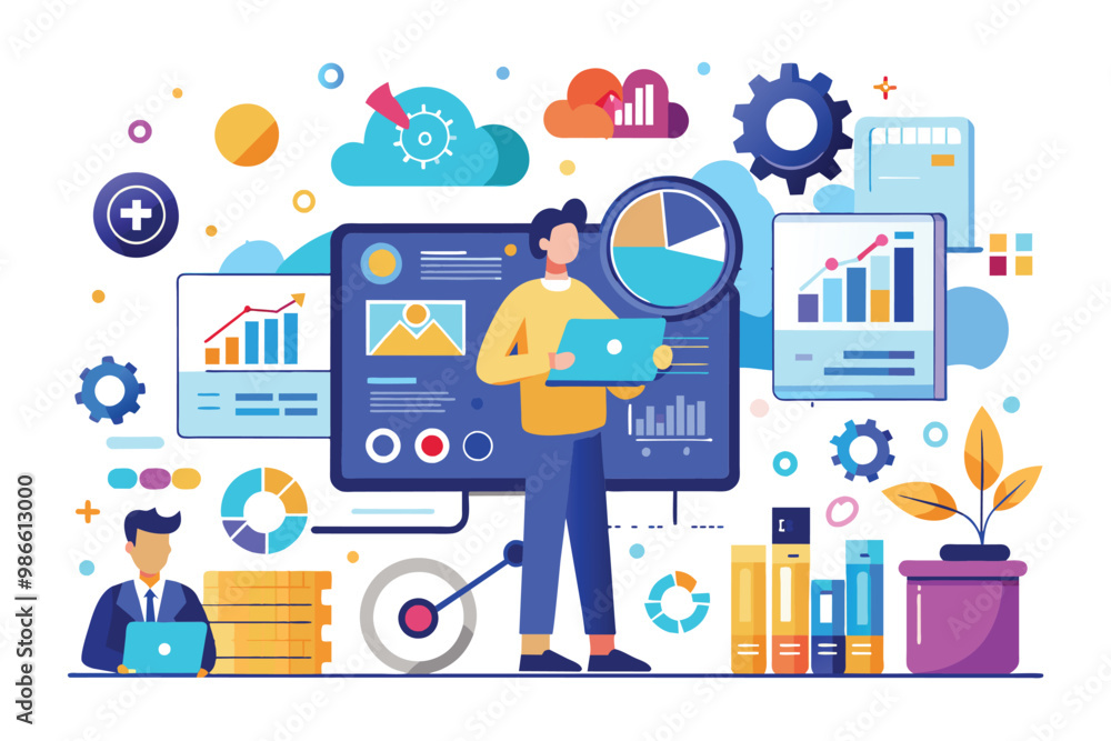 Aufkleber a person analyzes big data through an infographic while others manage data visualization tasks nearb
