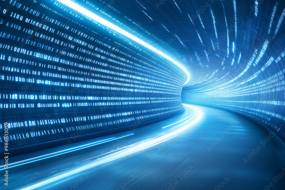Poster a futuristic tunnel illuminated by blue lights with binary code streaming along the walls