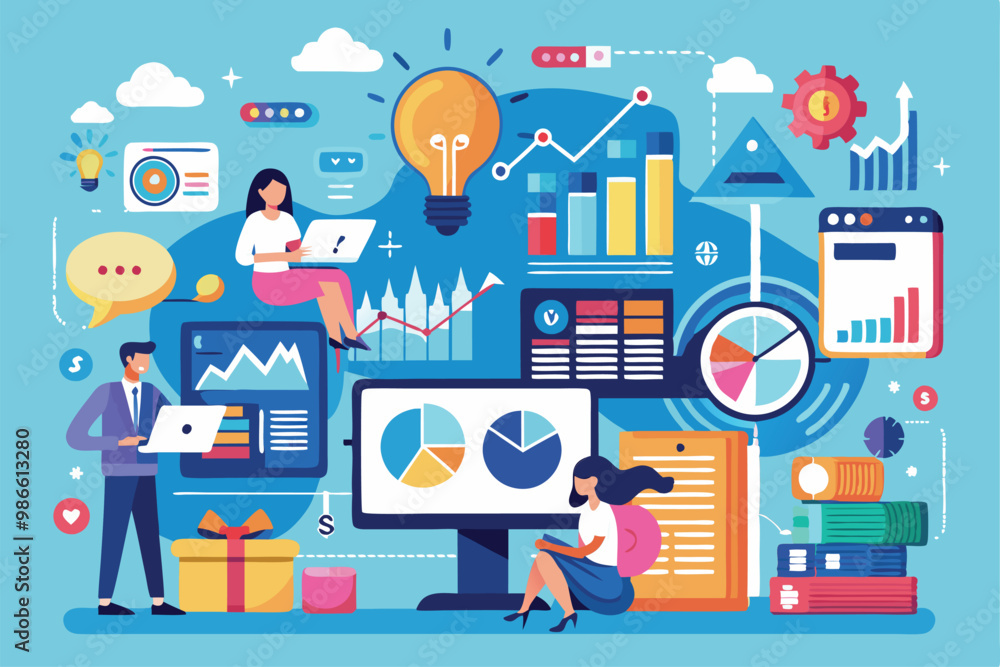 Poster professionals engage in data analysis and visualization while collaborating on company trends and in