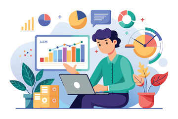 Fototapeta premium A person analyzes company data using a laptop, surrounded by visual graphs and plants, Analyze company trends and data, including flat illustrations.