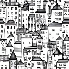 Fototapeta premium Cityscape Illustration Repeating Pattern, Black and White