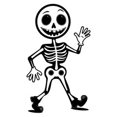 Cartoon skeleton character with large eyes, a wide smile, waving. Halloween object Isolated on white background. Vector illustration.