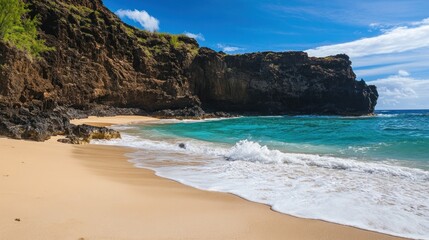 Obraz premium Secluded Beach with Turquoise Waters and Volcanic Cliffs