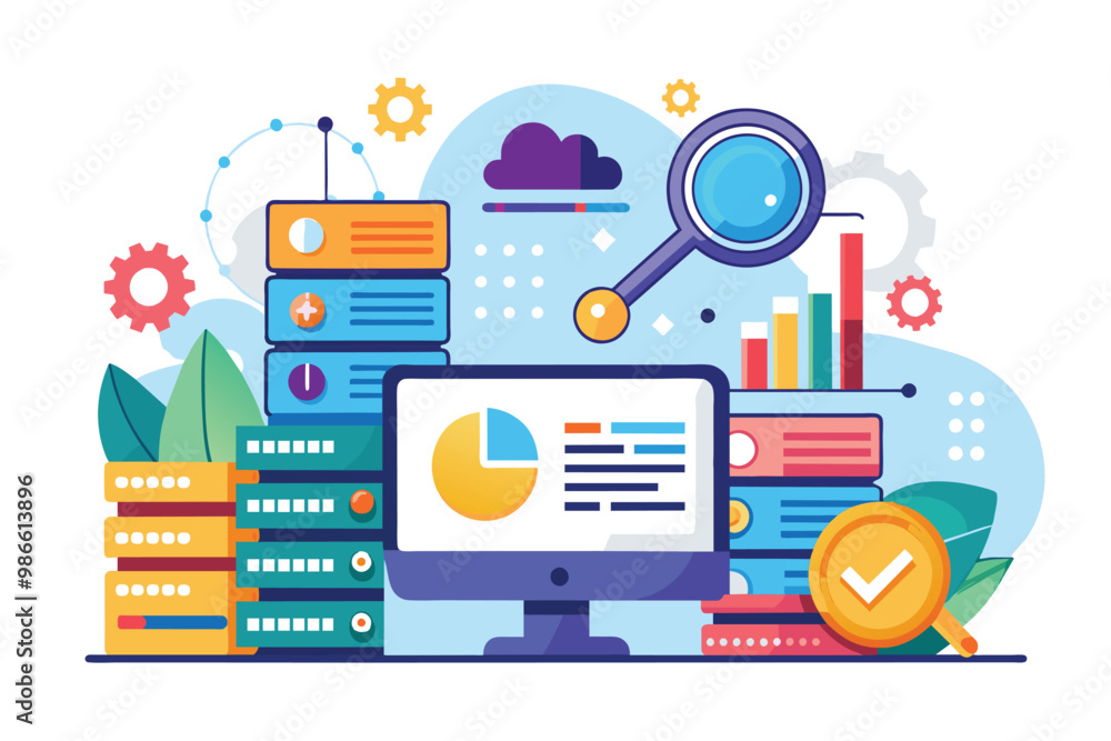 Poster a flat illustration displays the analysis of storage data with graphs, charts, and digital elements,