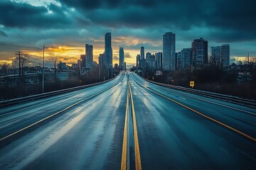 Fototapeta premium Empty highway road leading to a cityscape with dramatic sky, urban landscape
