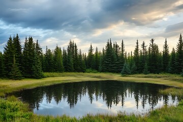 Tranquil Pond and Pine Forest Landscape with Cloudy Sky