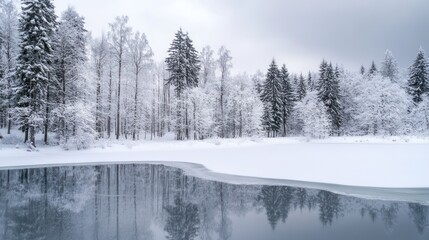 Snow Covered Forest with Frozen Lake