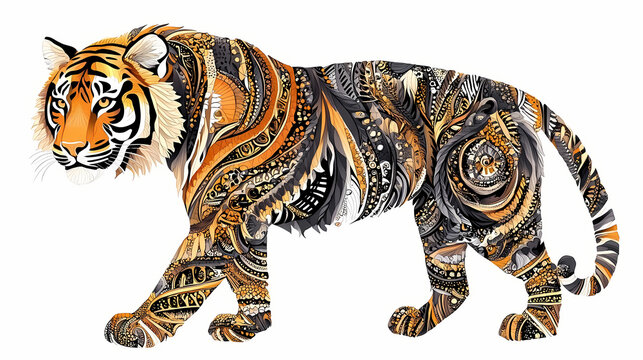 Isolated image of a tiger in zentangle patterns on a white background, for stickers, for design, generative ai, generative, ai. Zentangle. Illustration