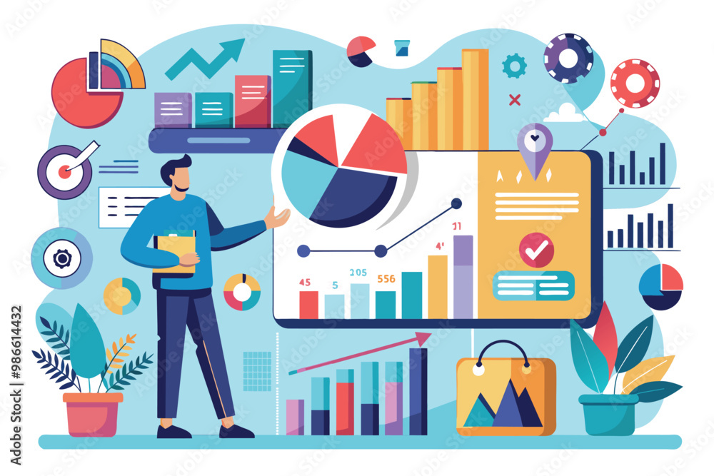 Poster a person analyzes business data using vibrant graphics and simple illustrations in a collaborative e