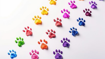A footprints, paw print path Dog paws. Kitten. Paw prints of bright colors of animals, silhouettes on a white background.