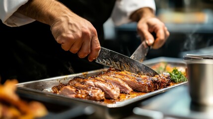 Chef's hand with pork on silver.