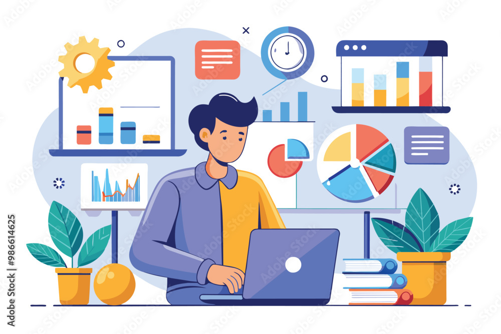 Poster a person is focused on analyzing business data with charts and diagrams in a contemporary workspace,