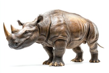 Obraz premium A prehistoric rhinoceros-like animal, isolated on white, focus on its thick skin and horns