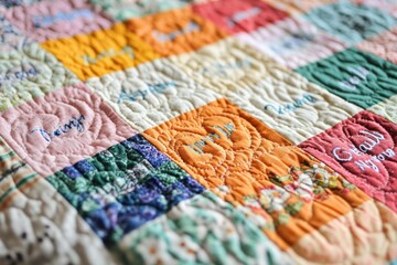 Colorful Patchwork Quilt with Embroidered Names