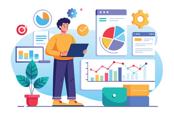 Fototapeta premium A person engages with various business diagrams and data visualizations on a laptop in a workspace, Analyzing business diagrams using flat illustrations.