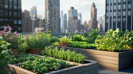 Fototapeta premium An urban apartment balcony transformed into a zero-waste garden, with potted plants growing in recycled containers, compost bins and small rainwater collection systems.