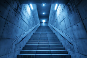 Fototapeta premium Descending concrete stairs illuminated by blue lights in a modern urban setting