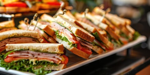 Tasty triangular club sandwiches arranged on a buffet for events, celebrations, and corporate meetings - detailed view.