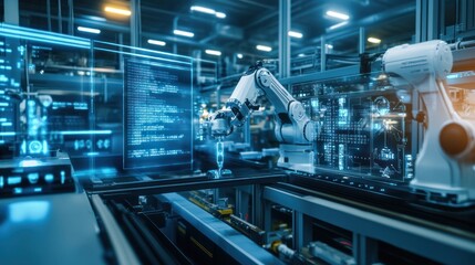 An industry technology showcasing cutting-edge machinery, advanced robotics, and digital systems, integrated seamlessly in a modern factory, technological advancement in manufacturing