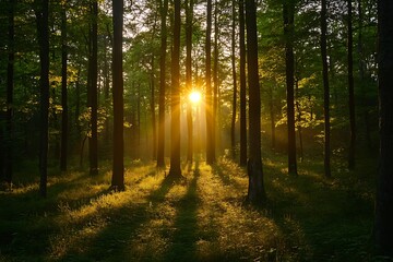 Obraz premium Golden light shining through trees in the forest at sunset