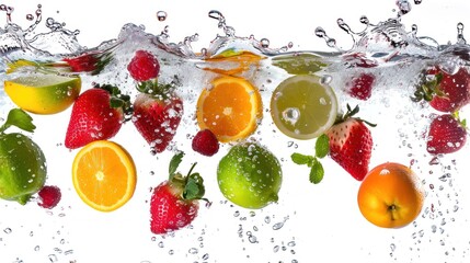 various fruits falling from a height, splashing into water, with fresh detail, isolated on a white background