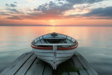 Obraz premium Small white boat on a wooden dock at sunset with calm water and a dramatic sky