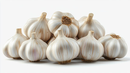 A group of garlic bulbs on a white background.