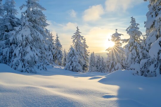 Winter sunrise in snowy forest, snow covered fir trees