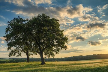 Naklejka premium Two trees in a grassy field during a beautiful sunset