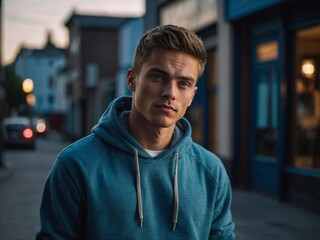 Obraz premium A young man in a blue hoodie poses confidently outdoors in an urban area during early evening light.