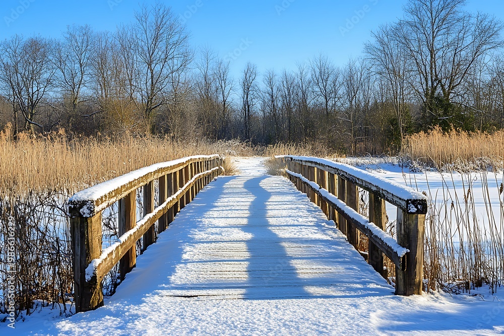 Wall mural Snowy Wooden Bridge Over Frozen Lake with Bare Trees in the Background