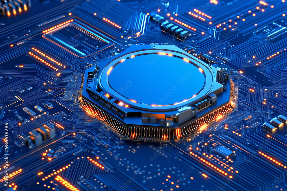 Poster close-up view of a modern microprocessor on a printed circuit board with glowing connections