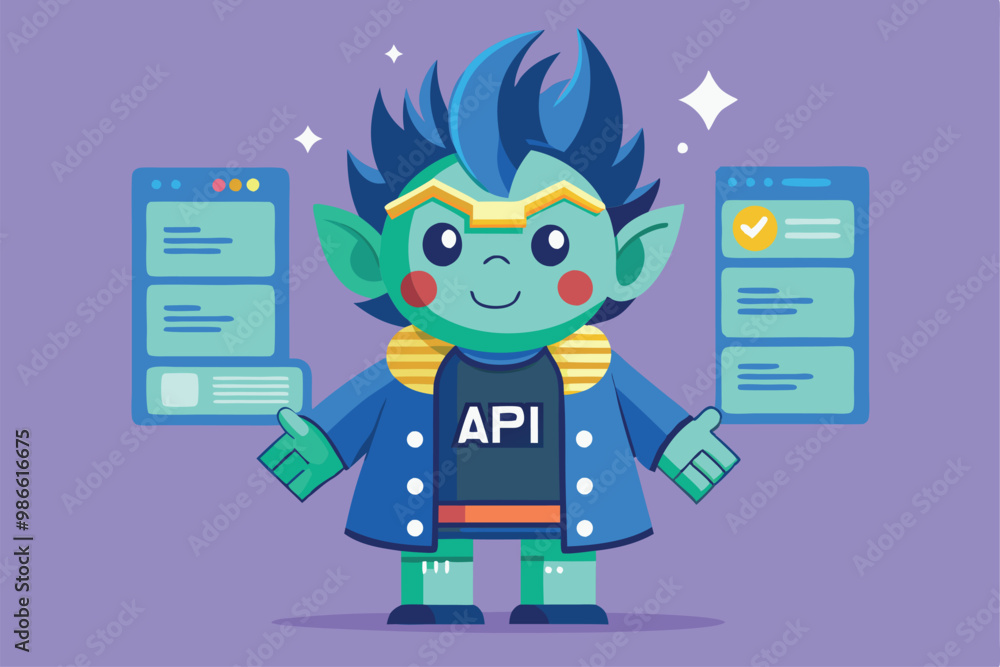 Poster a whimsical character stands proudly, displaying various api features and customization options, api