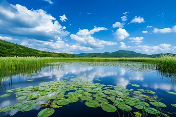Stunning landscape of a lake with lush greenery and blue sky with white fluffy clouds.